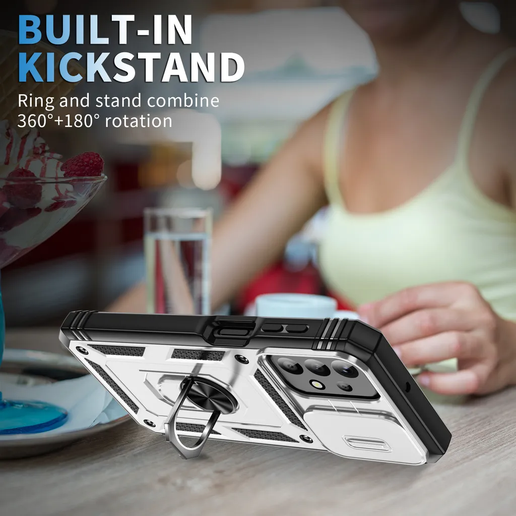 Custodia per Samsung Galaxy A23 5G/4G protezione fotocamera scorrevole, resistente agli urti, con supporto ad anello, supporto e porta carte Bianco - 7