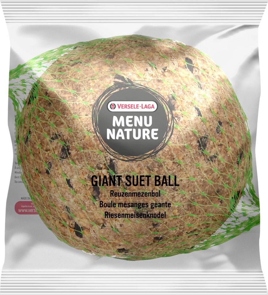 A giant suet ball for birds, enclosed in a green net bag, with packaging visible in the background.