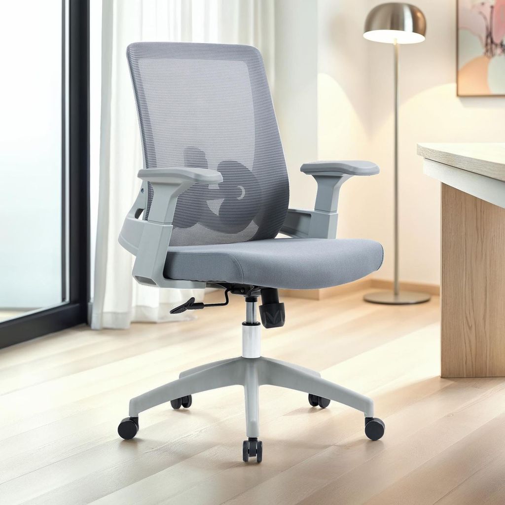 Bürodrehstuhl CAPVAL höhenverstellbar mit Lendenstütze, grau - ergonomischer Schreibtischstuhl mit Mesh-Rücken, moderner Drehstuhl, bequemer B...