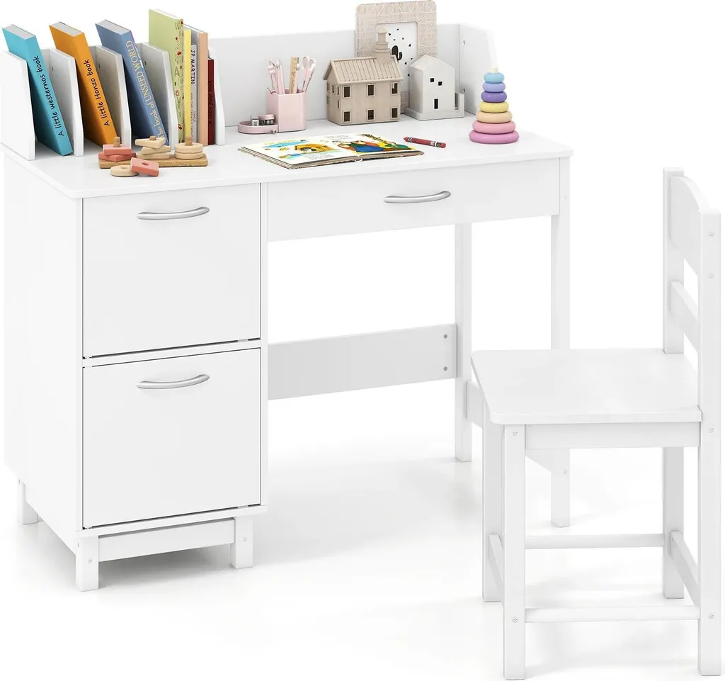 Petit bureau enfant blanc pour devoirs avec chaise et armoire en bois