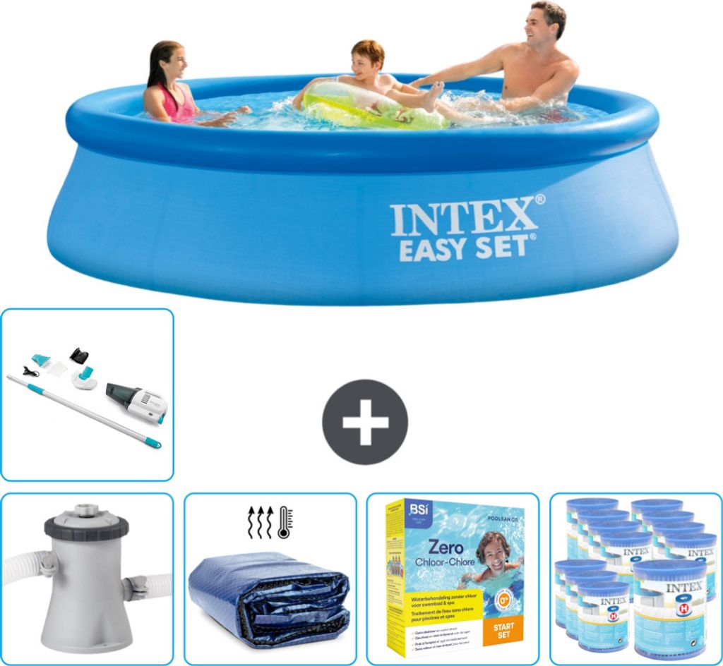 Intex runder aufblasbarer Easy Set-Schwimmpool – 305 x 76 cm – Blau – inklusive Pumpe Sonnensegel - Wartungspaket - Filter - Staubsauger