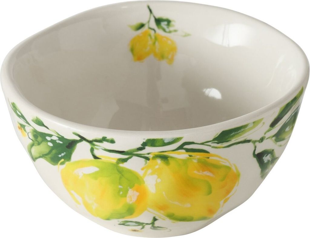 A white ceramic bowl decorated with a lemon and leaf pattern.