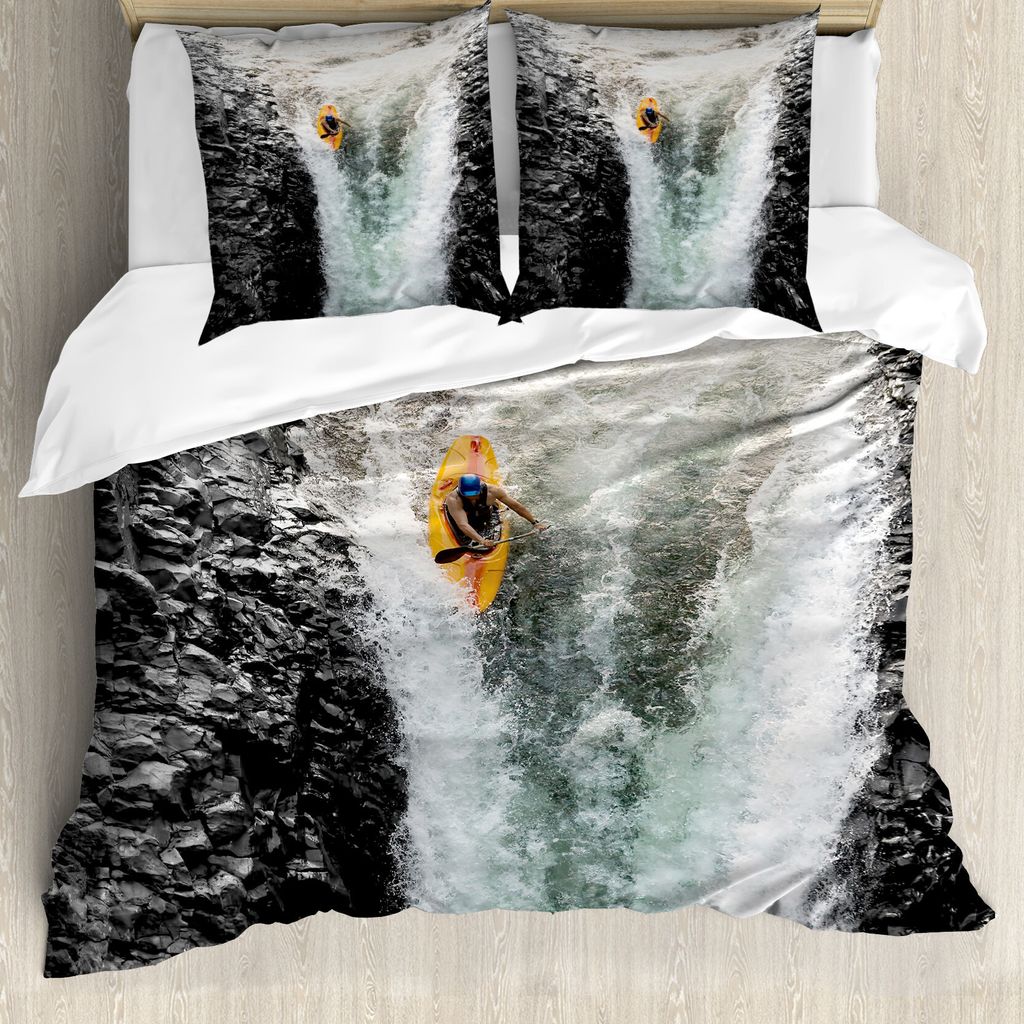 ABAKUHAUS Wasserfall Bettbezug, Cliffs Wasserfall Kanu, Milbensicher Allergiker geeignet mit Kissenbezügen, 200 cm x 200 cm - 80 x 80 cm, Mehrfarbig