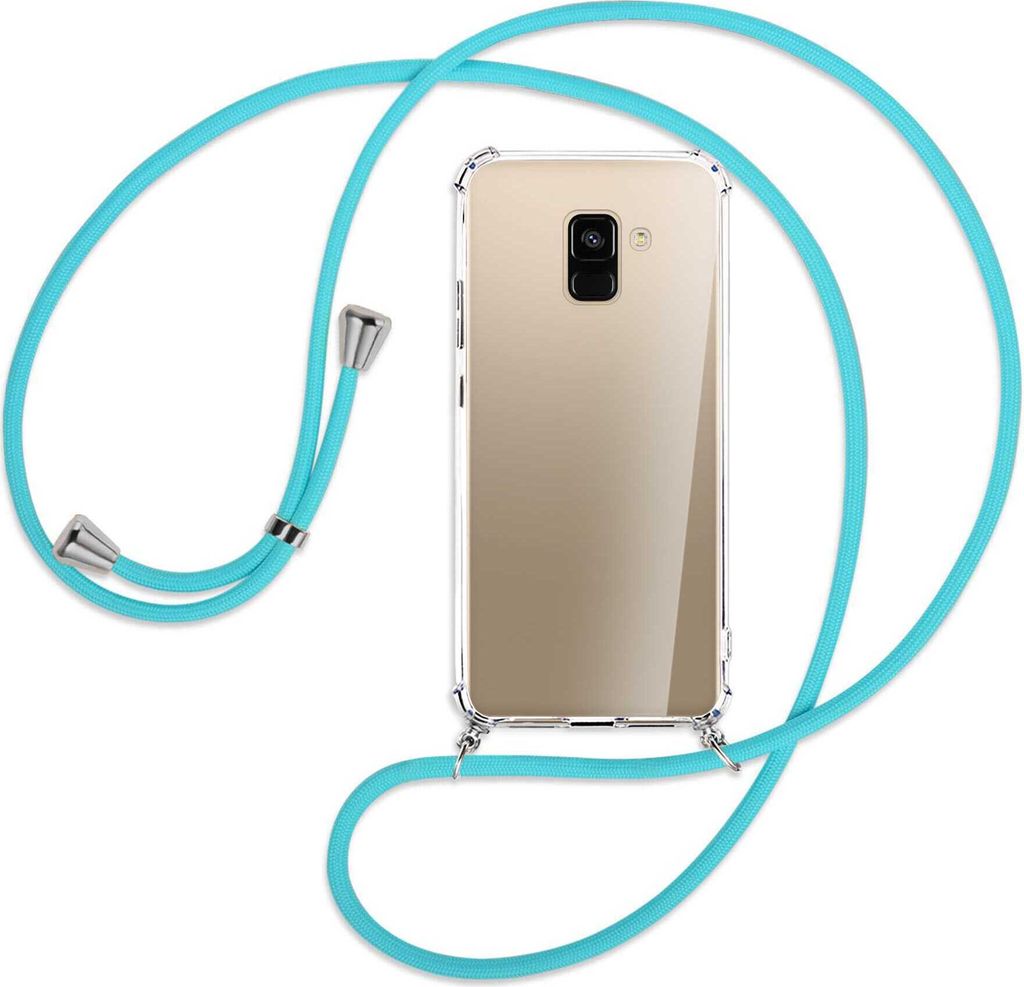 Handykette Backcover-Schutzhülle mit Band (Metall silberfarben) für Samsung Galaxy A8 2018 - türkis