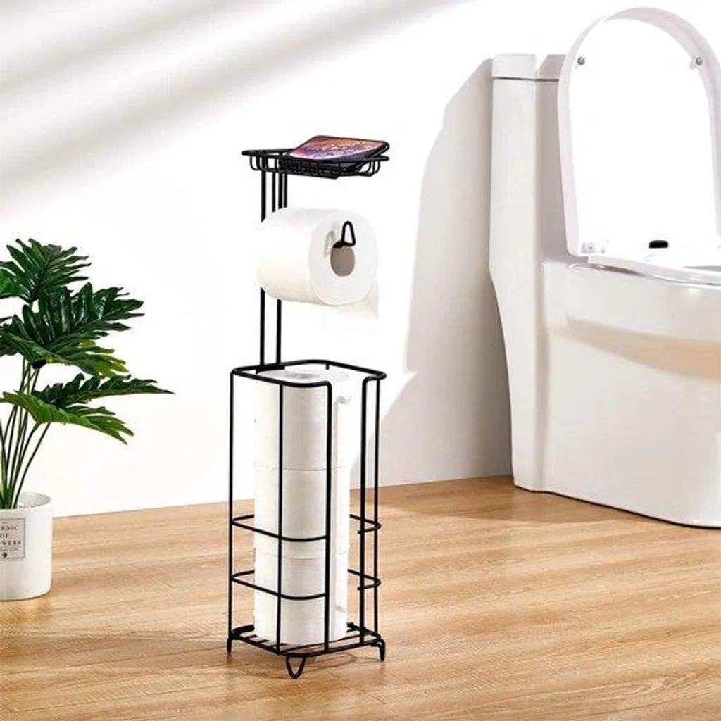 Porte-papier WC sur pied avec tablette bois pour poser son portable