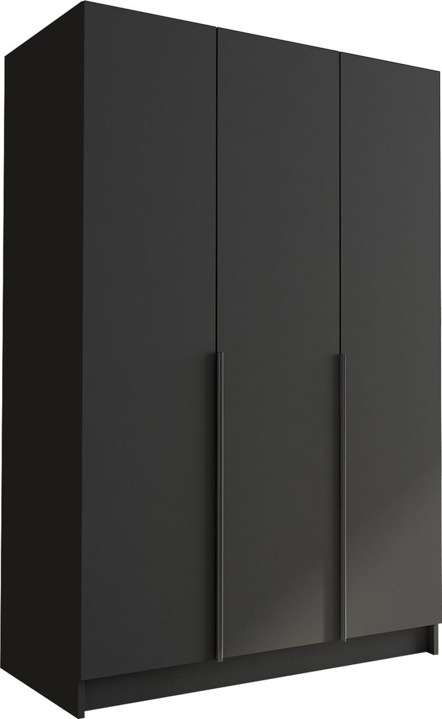 A three-door wardrobe with metal handles.