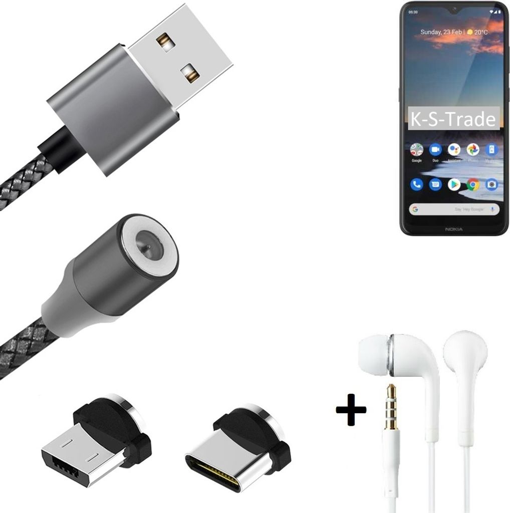 K-S-Trade Hochwertiges Magnet-Lade-kabel Sync-Kabel Daten-Kabel + Kopfhörer kompatibel mit Nokia 5.3 mit USB-Typ-C-Anschluss und