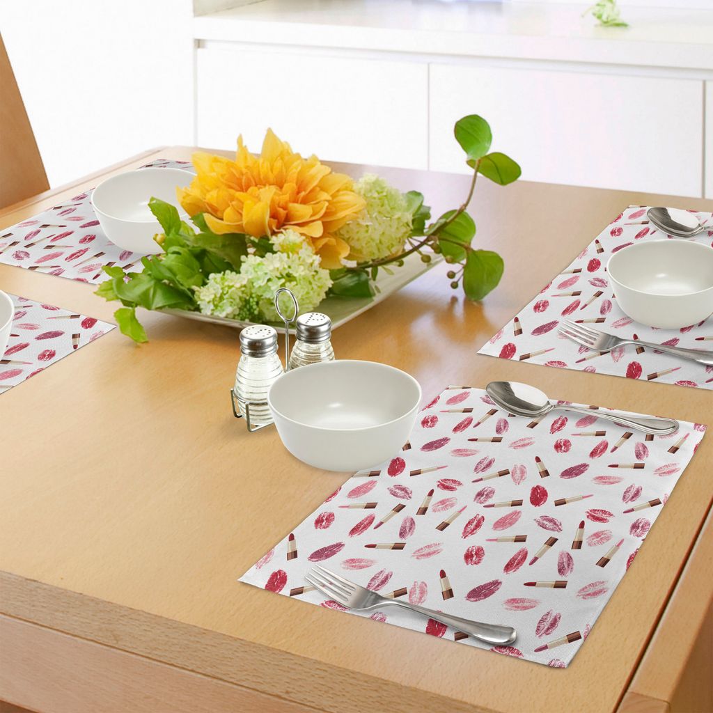 ABAKUHAUS Kosmetika Platzmatten, Schönheits-Thema-Rosa und Burgunder-Lippenstift-und Kuss-Muster-Make-upkonzept, Tiscjdeco aus Farbfesten Stoff f...
