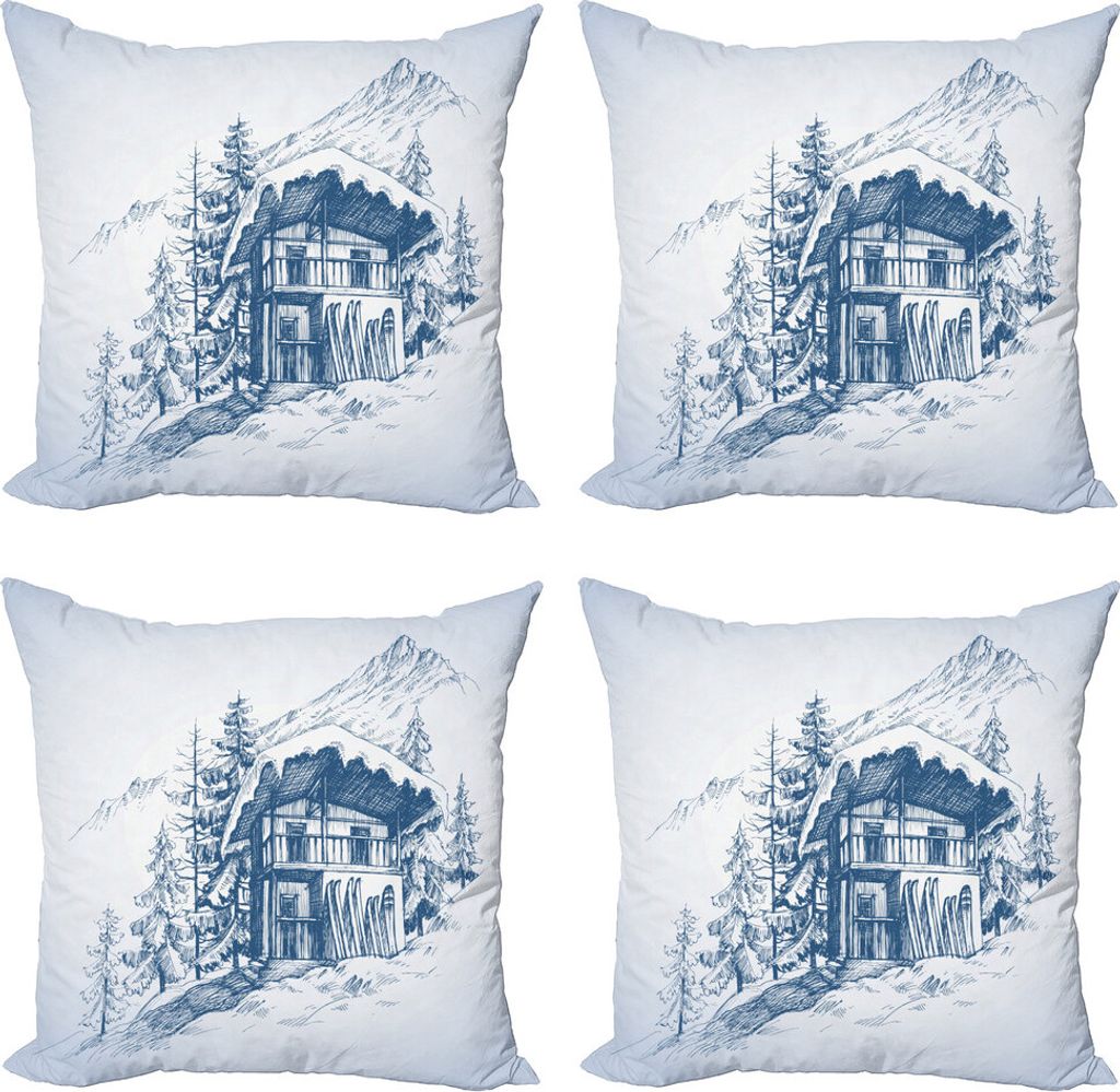 ABAKUHAUS Winter Kissenbezug Set (4 Stück), Skizze des Ski Hut Resort, Moderner Doppelseitiger Digitaldruck, 40 cm x 40 cm, Sky Blue Kadett-Blau