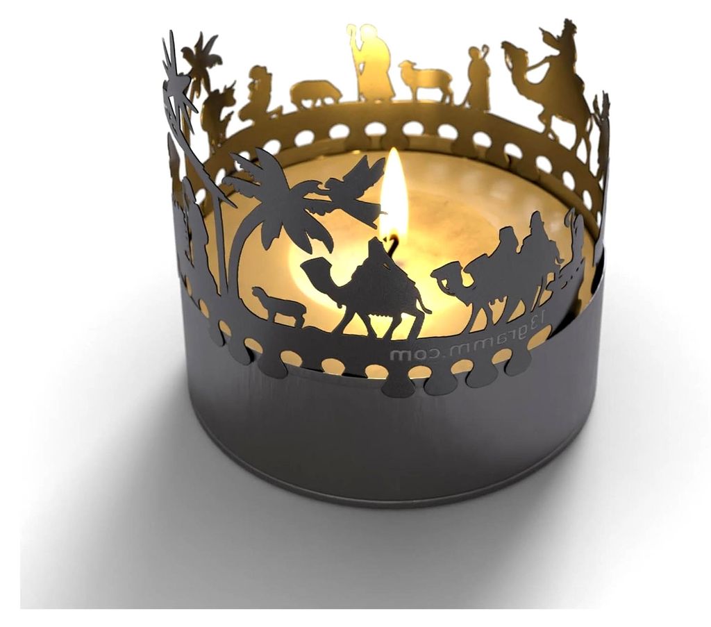 Orient Krippe Windlicht Schattenspiel Geschenk, 3D Edelstahl Aufsatz für Kerze inkl. Karte