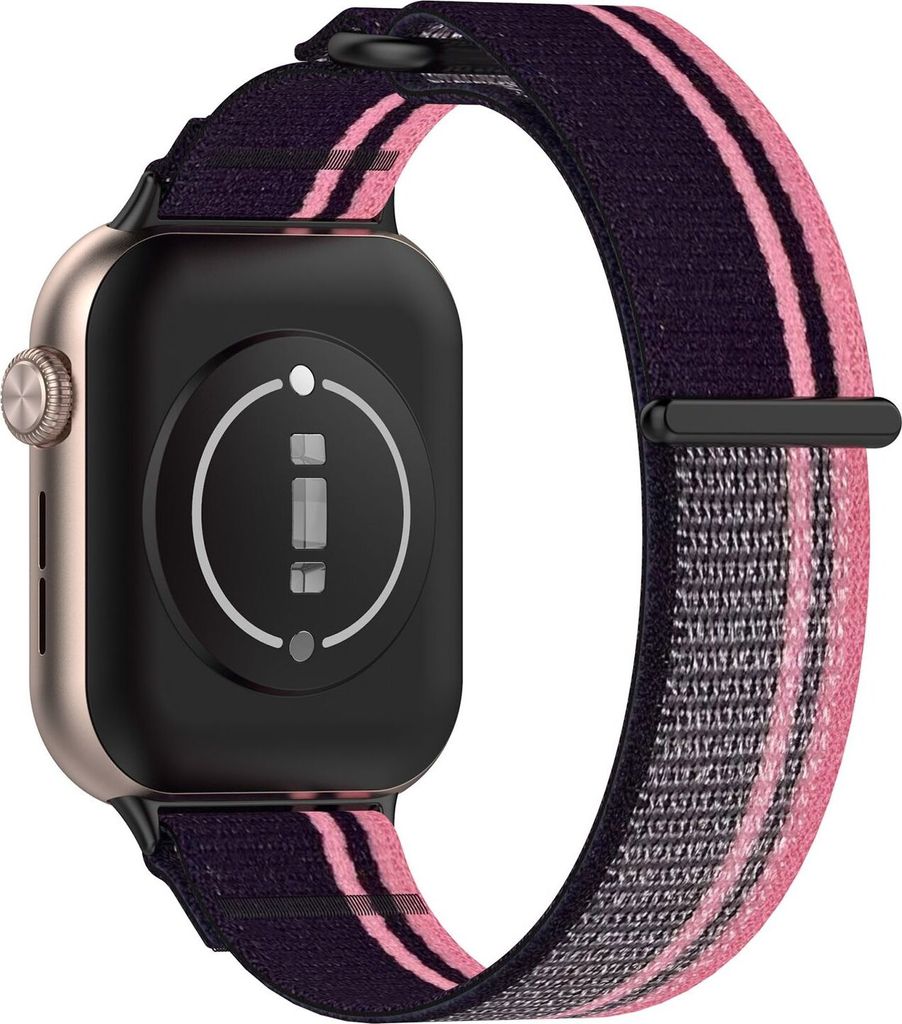 The back of a smartwatch with a striped nylon band.