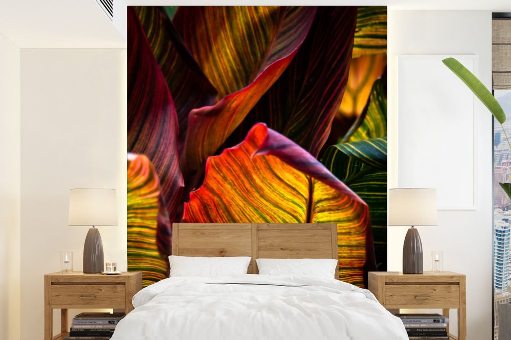 MuchoWow Fototapete für Wohnzimmer oder Schlafzimmer Wandtapete Vinyl Motivtapete Blätter - Abstrakt - Farben - 165x220 cm - Wanddekorationen