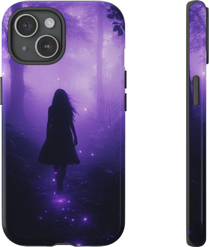Silhouette im leuchtend violetten Wald – Hülle Kompatibel mit iPhone 15