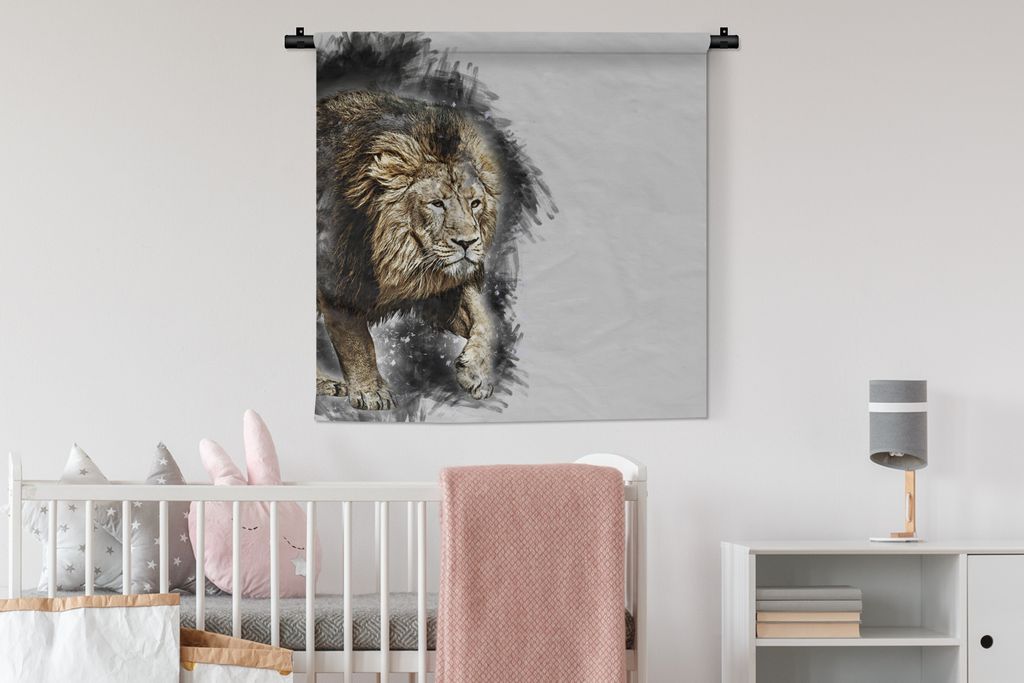 MuchoWow Wandteppich Wandbehang Löwe - Farbe - Schwarz - Weiß 90x90 cm Tapisserie Dekoration Wandtuch - Wandaufhänger
