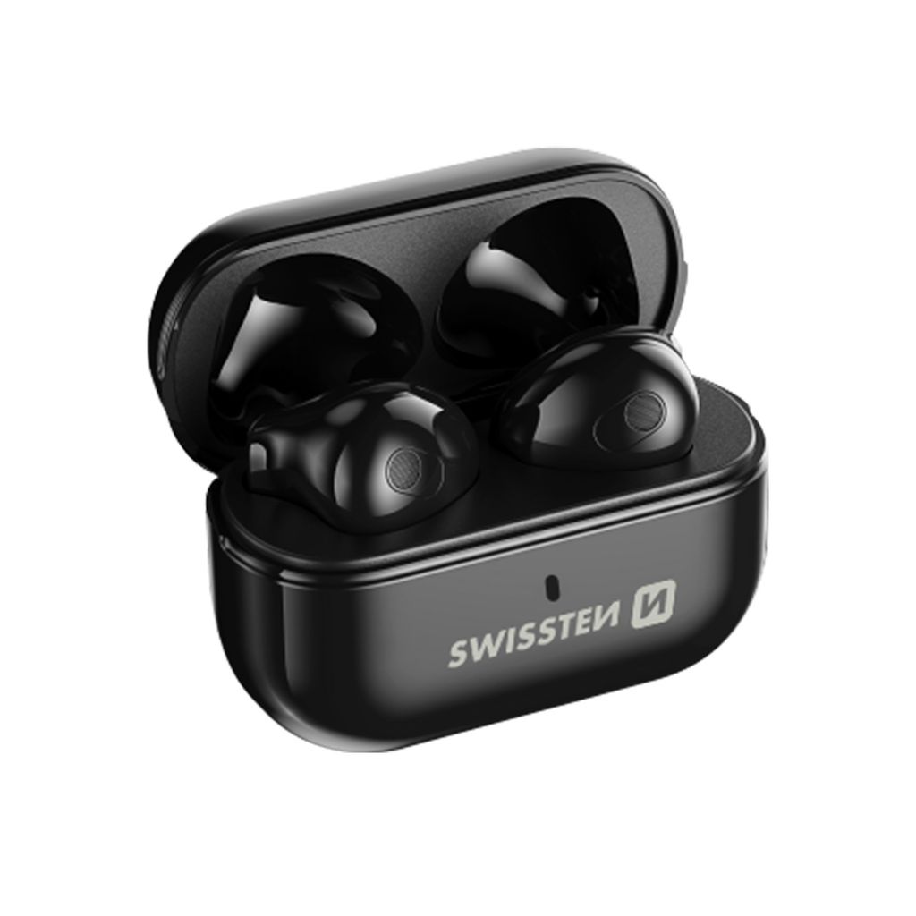 A pair of black wireless earbuds in an open charging case.