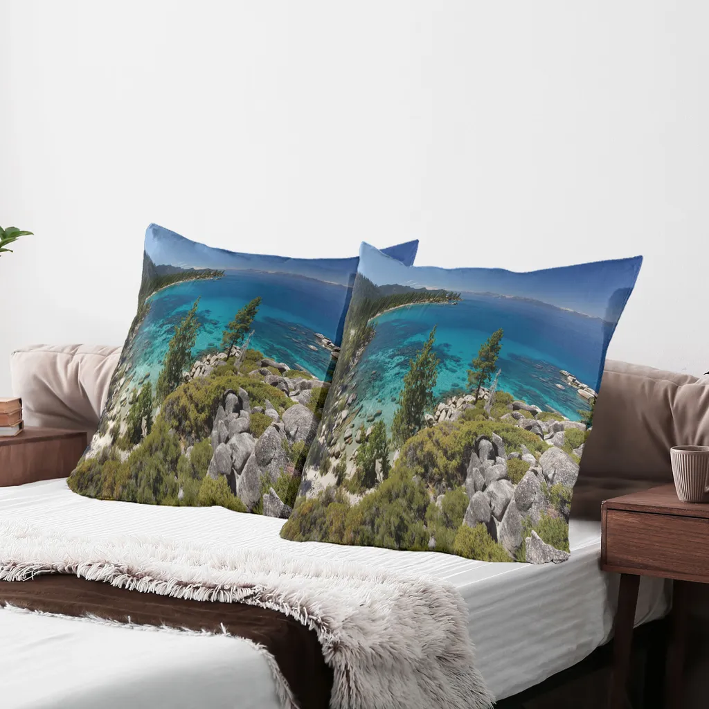 ABAKUHAUS Lake Forest Set 4 Federe Per Cuscini 45x45 Cm - Paesaggio Montagna E Cervo - Stampa Digitale Fronte/retro