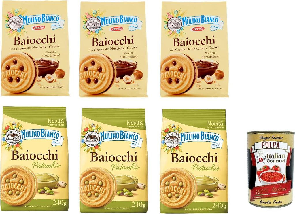 Mulino Bianco Baiocchi Testpaket Schokolade und Pistacchio Biscuits Reigel Kekse Kuchen mit Schokolade 3x 260 g + 3x 240g Snack cookies + Italian G...