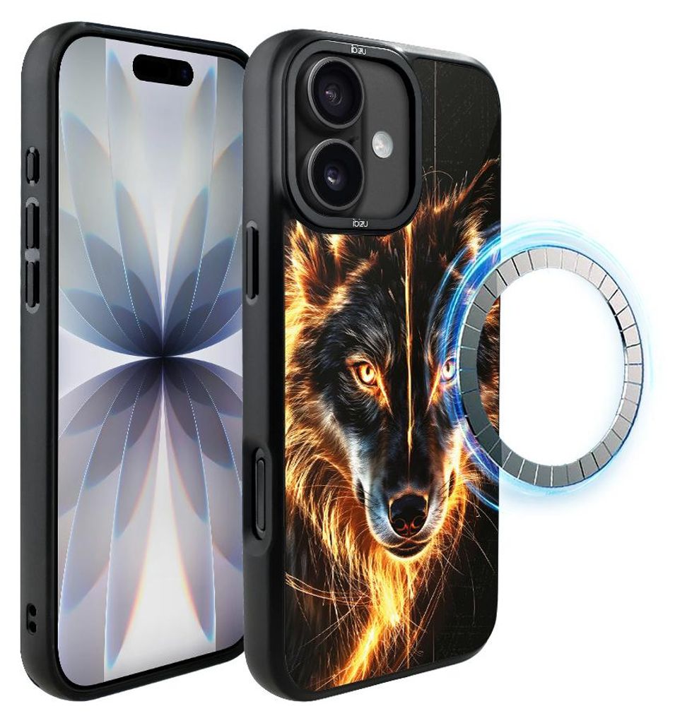 Schutzhülle für das iPhone 17, MagSafe-kompatibel, mattschwarze Seiten, Wolf, Feuer