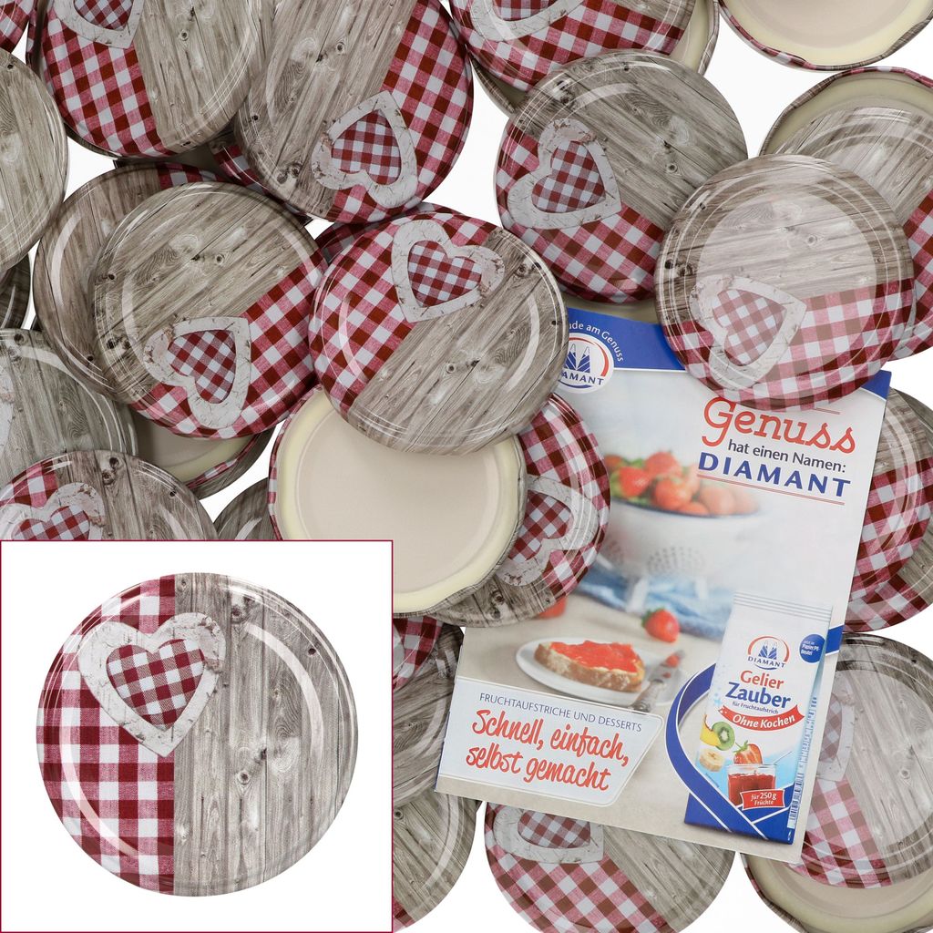 A pile of jar lids with a red and white checkered pattern and a wooden texture, with a small inset image of one lid and a recipe booklet.