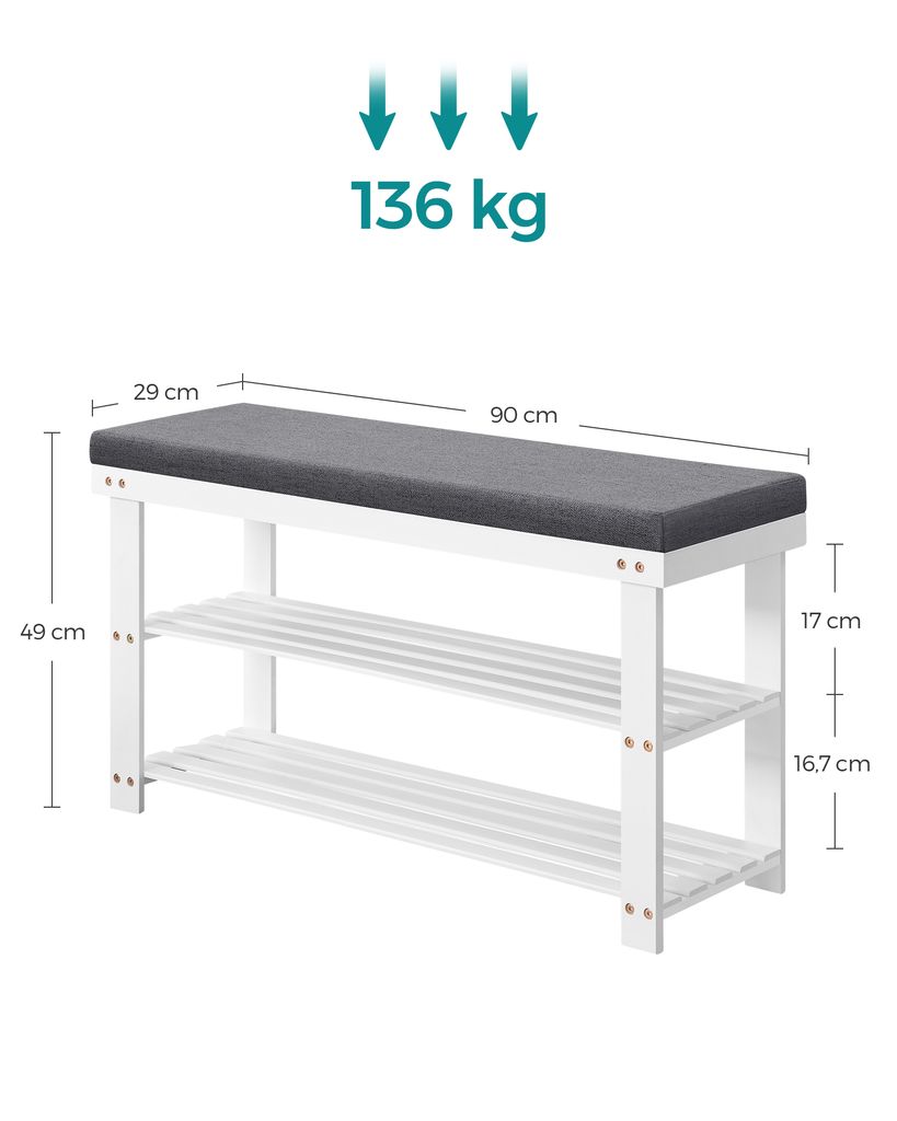 A product image with dimensions and weight capacity indicated.