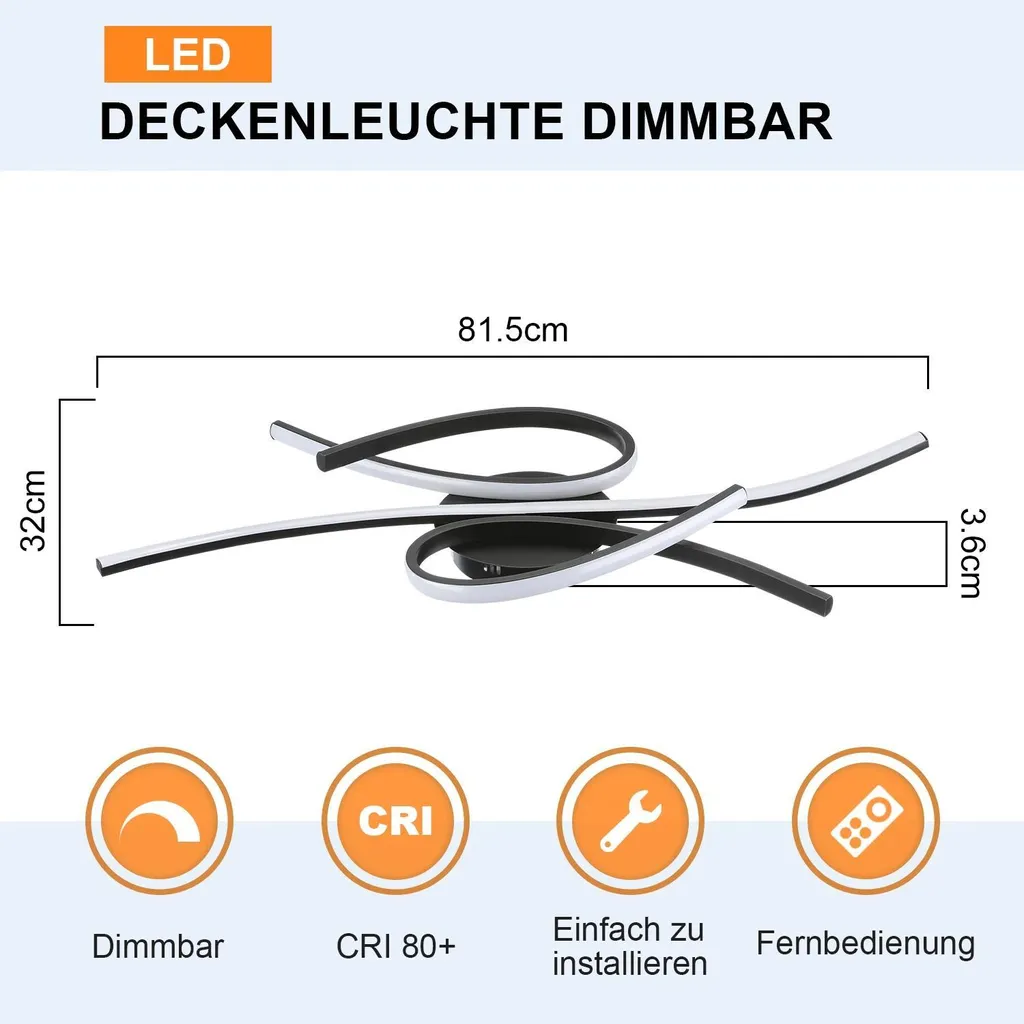 Plafonnier LED 3 Lignes Ondulées 42W - 80cm - Intensité Variable et Télécommande