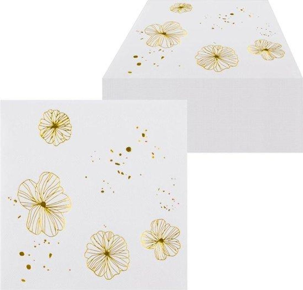 Goldfarbene Cocktail-Servietten mit Blumenmuster, 33x33cm, Papier, goldfarben, 100 Stück