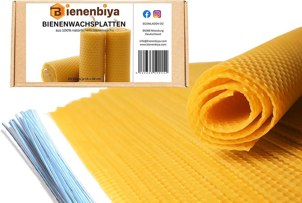 XXL 18 Stk. 100% reines Bienenwachsplatten 19,5x39,5cm Wabenplatten, Wachsplatten mit Kerzendochte