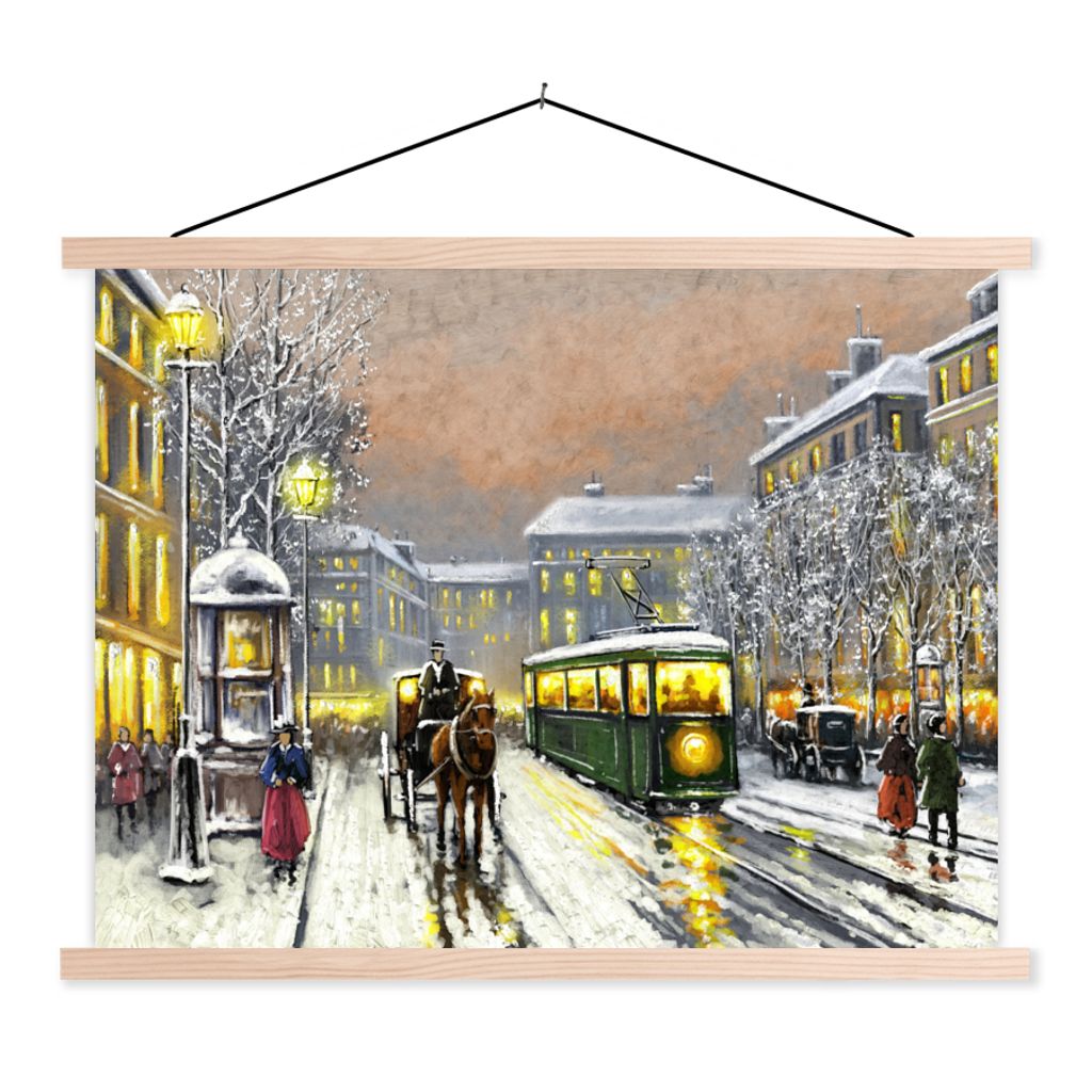 MuchoWow Textilposter Gemälde - Ölgemälde - Winter - Straßenbahn - Pferd 60x45 cm mit holzfarbenen Rahmen - Bild