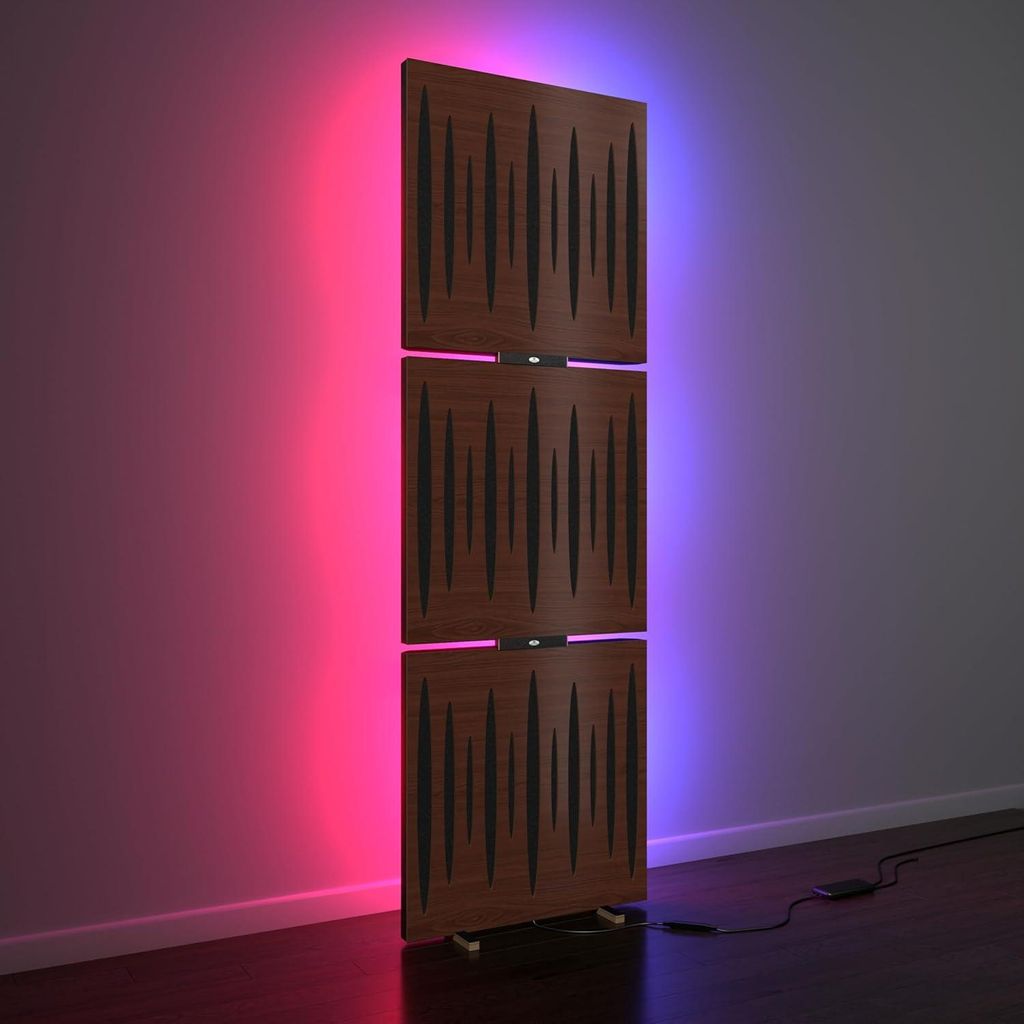 3er-Pack – Akustikpaneele „PULSAR” mit Stehleuchte RGB-Licht | Mobiler LED-Akustikständer mit Hintergrundbeleuchtung | 150x50x5cm|Nussbaum