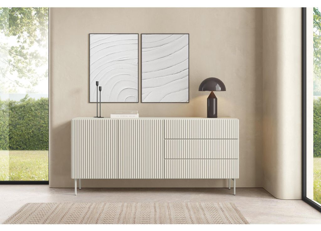 Gefräste Kommode 177 cm, 2-türig MUDI, elegante und moderne Kommode für Wohnzimmer, stilvolle Kommode mit 3 Schubladen, Farbe: Kaschmir