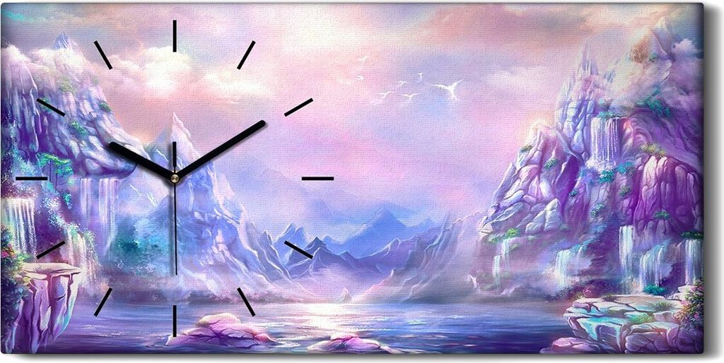 Wandbild Leinwand Bilder Wanduhr 60x30 Gemälde Abstrakte See Berge Himmel Wolken - schwarze Hände