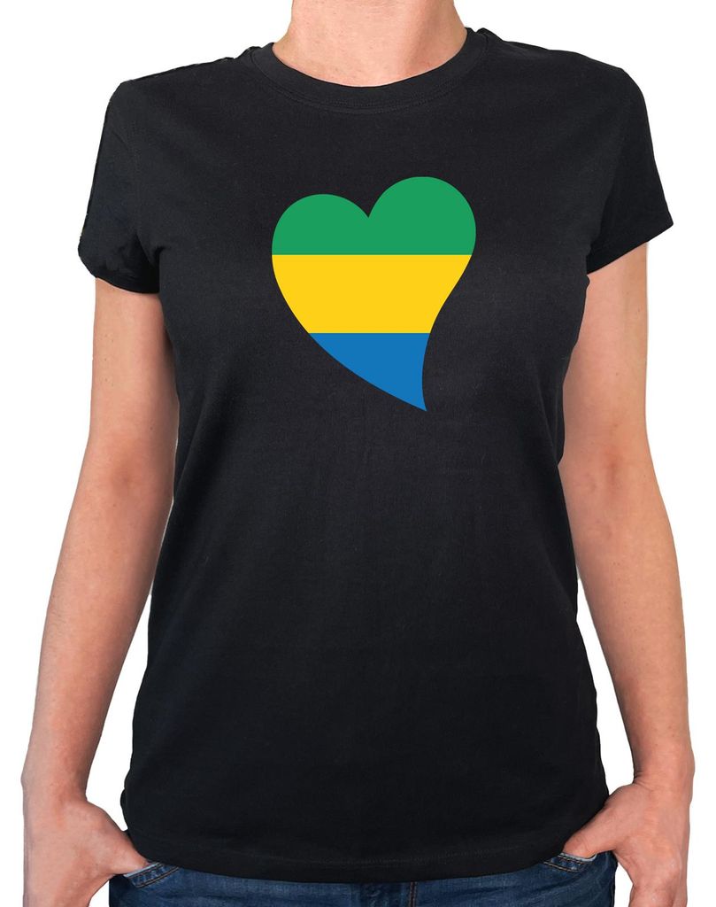 Huuraa Damen T-Shirt Gabun Flagge Herz XL Black Bio Baumwolle Fairtrade Damenshirt Geschenkidee