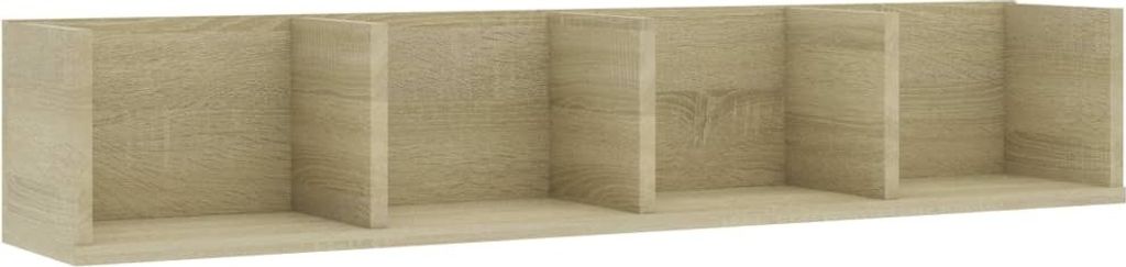 A long, narrow, empty CD wall shelf with five compartments, made of wood-look material.