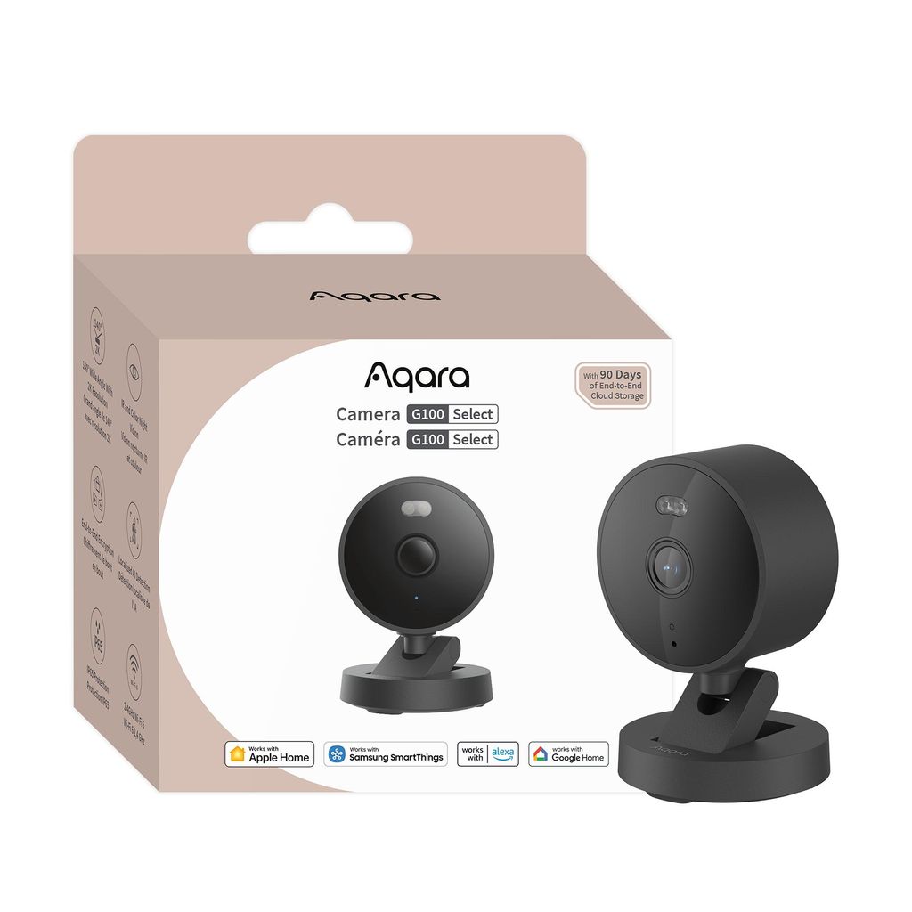 The image shows the packaging of an Aqara G100 Select camera, with the product itself also visible.