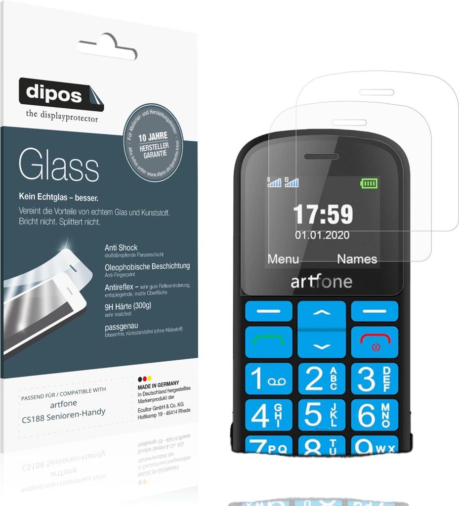 2x Schutzfolie für artfone CS188 Senioren-Handy matt - Anti-Shock 9H Folie dipos Glass Kunststoffglas