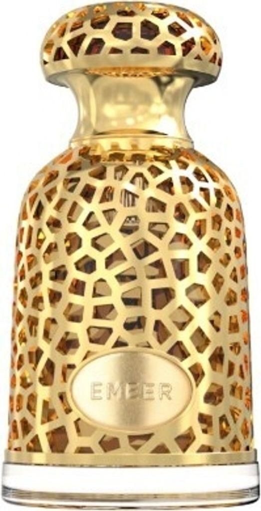 A gold-colored perfume bottle with a decorative lattice design.