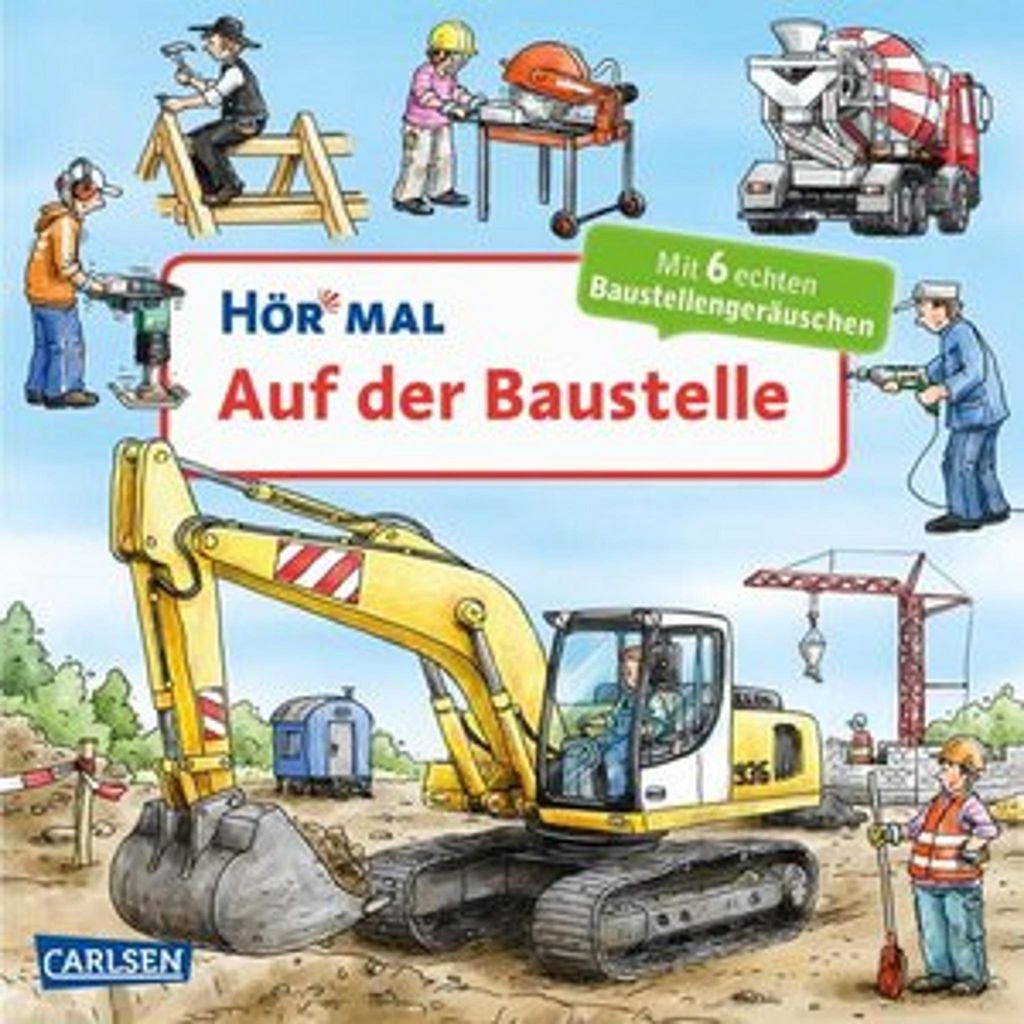 A colorful illustration of a construction site with various vehicles and workers, designed for a children's book.