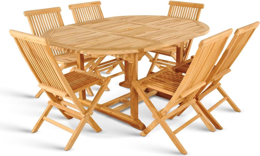 7tlg. Gartengruppe Borneo aus Teakholz massiv, bestehend aus 1 x Gartentisch 120-170 x 120 cm mit Schirmloch + 6 x Gartenstühle Menorca, geeignet ...