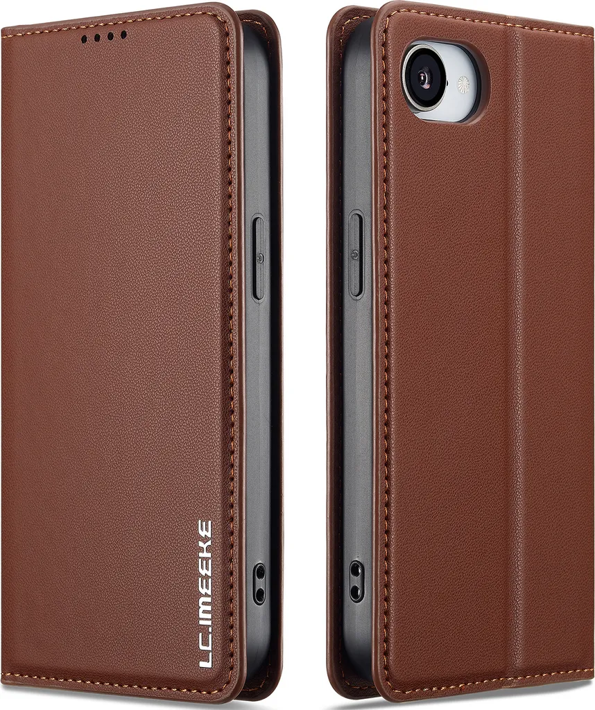 Custodia iPhone 16e in Pelle Marrone: Flip Cover Magnetica con Stand