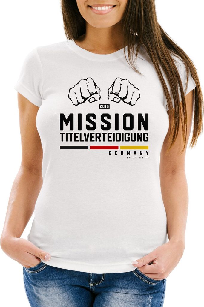 Damen WM-Shirt Mission Titelverteidigung Fäuste Fußball Weltmeisterschaft 2018 Fan-Shirt Deutschland Moonworks weiß XS