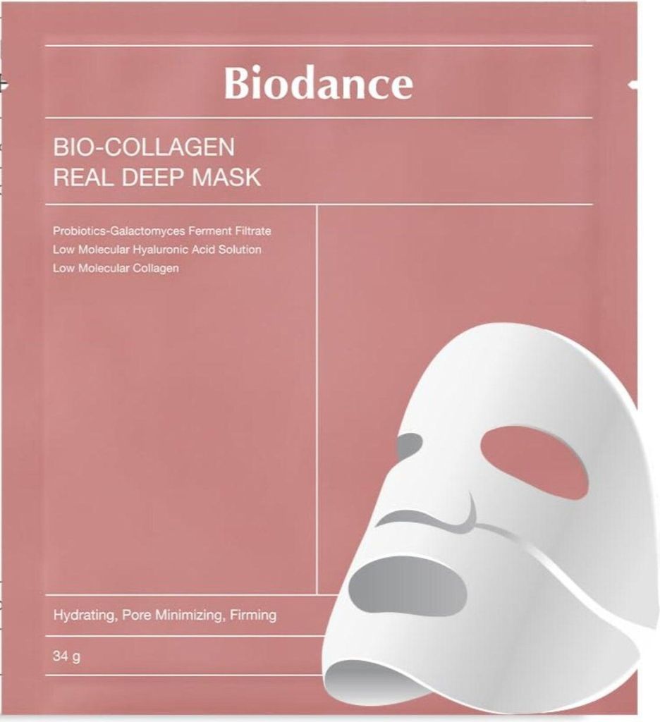 A pink package for a Biodance Bio-Collagen Real Deep Mask, with an illustration of a face mask.