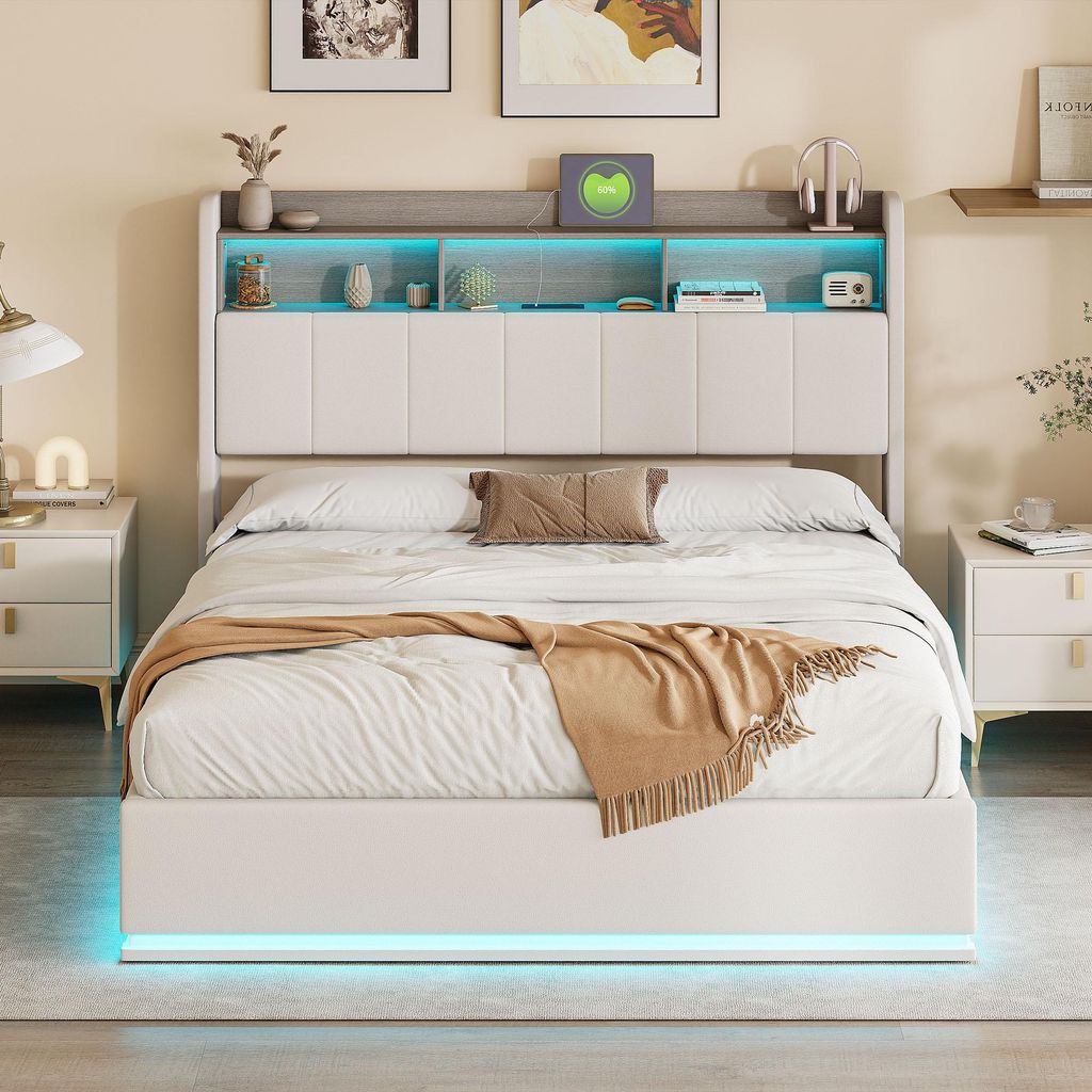 140 x 190 cm großes Bett mit LED-Beleuchtung, Stauraumbett Produktbild 