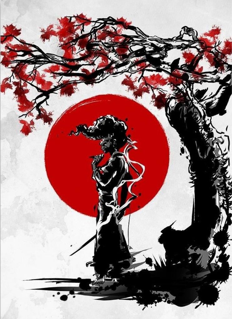 A stylized illustration of a samurai figure standing under a cherry blossom tree with a red sun in the background.