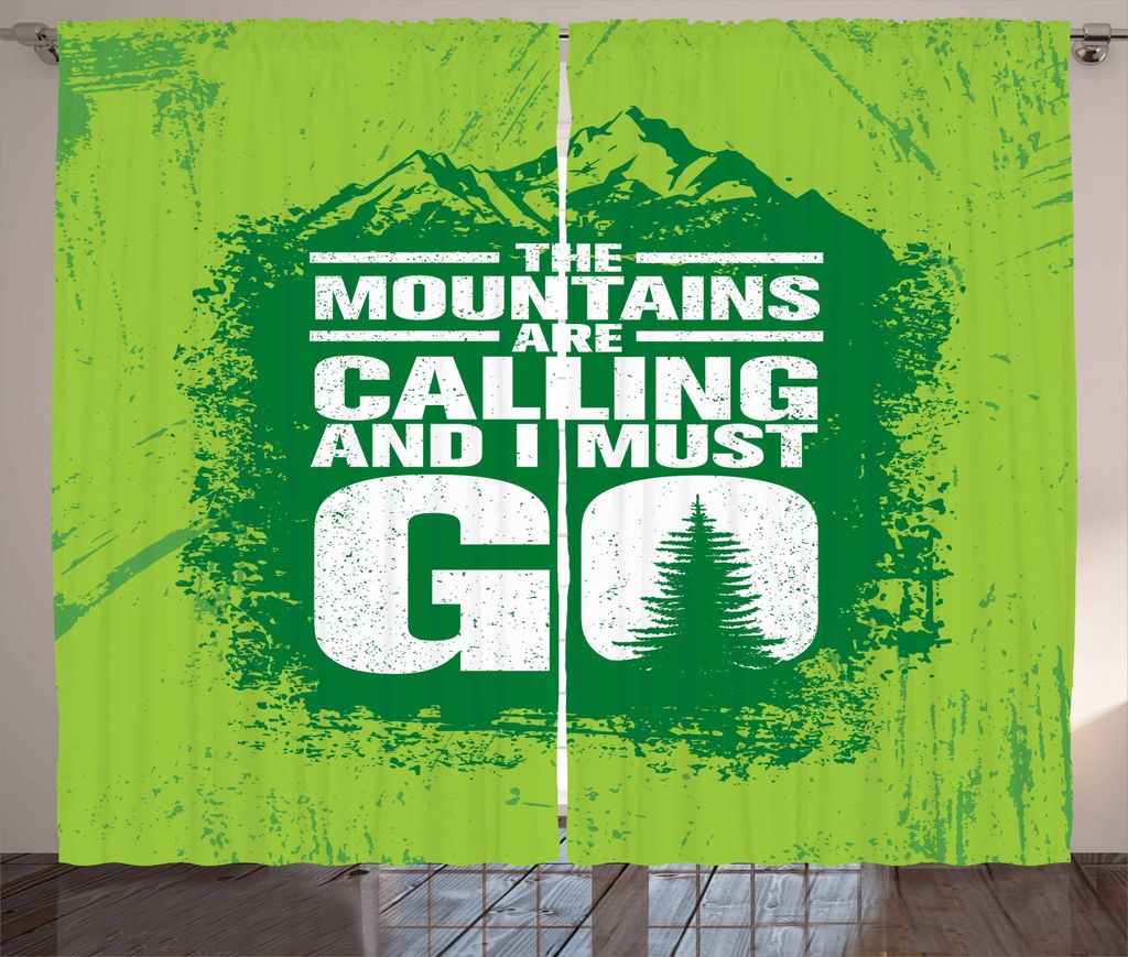 ABAKUHAUS Abenteuer Rustikaler Gardine, Grungy Berge Text, Schlafzimmer Kräuselband Vorhang mit Schlaufen und Haken, 280 x 175 cm, Lindgrün Farng...