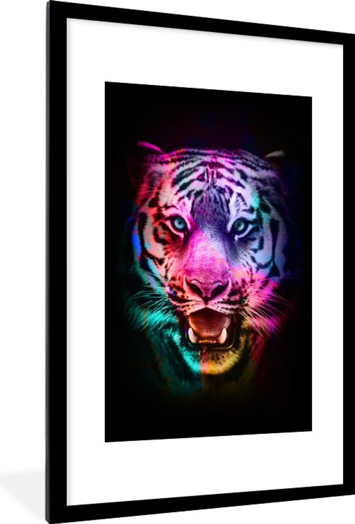 MuchoWow MuchoWow Gerahmtes Poster Farben - Tiger - Wild 60x90 cm - Poster mit zchwarzem Bilderrahmen - Dekoration - Wandposter Wohnzimmer - Ho...