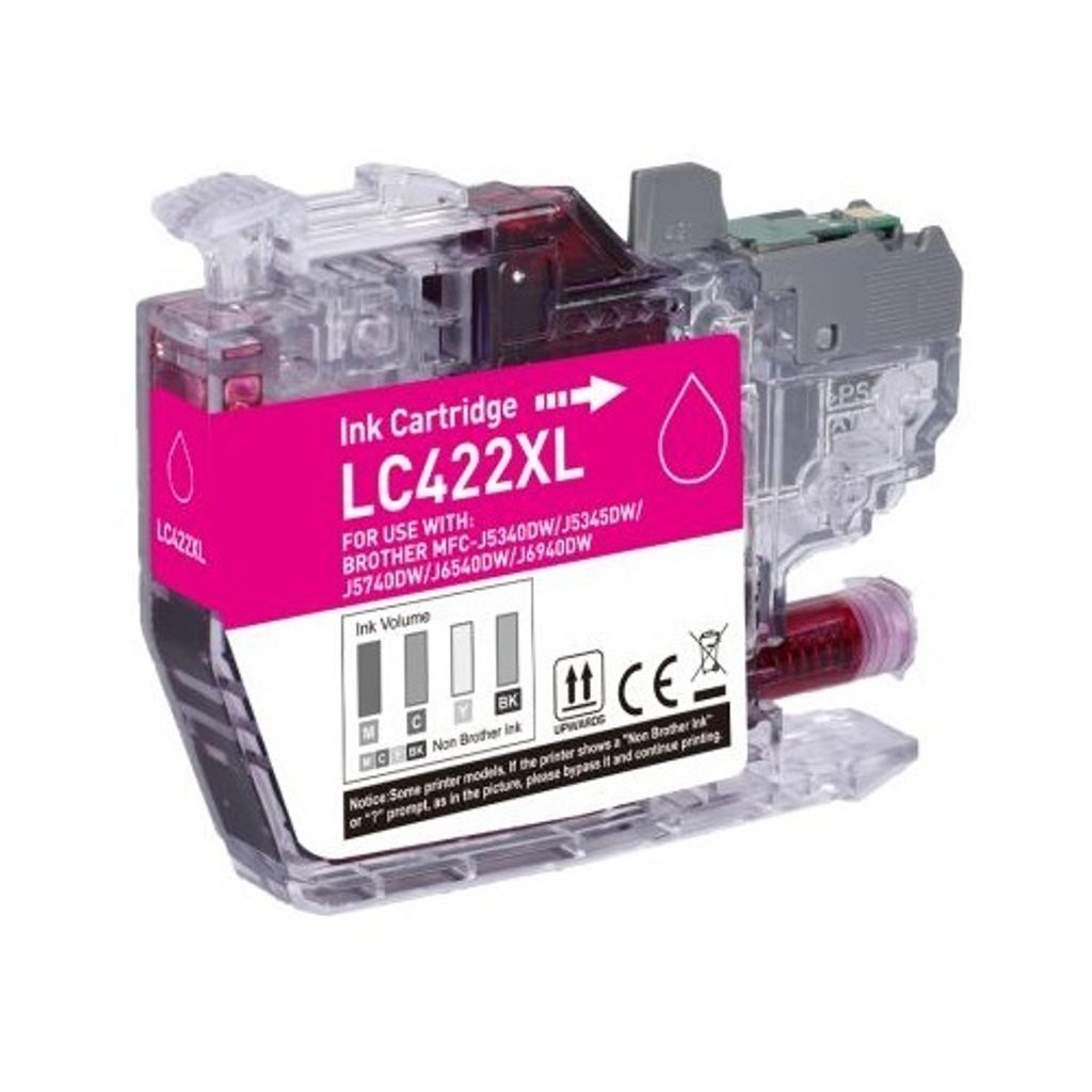 A magenta ink cartridge for a printer.