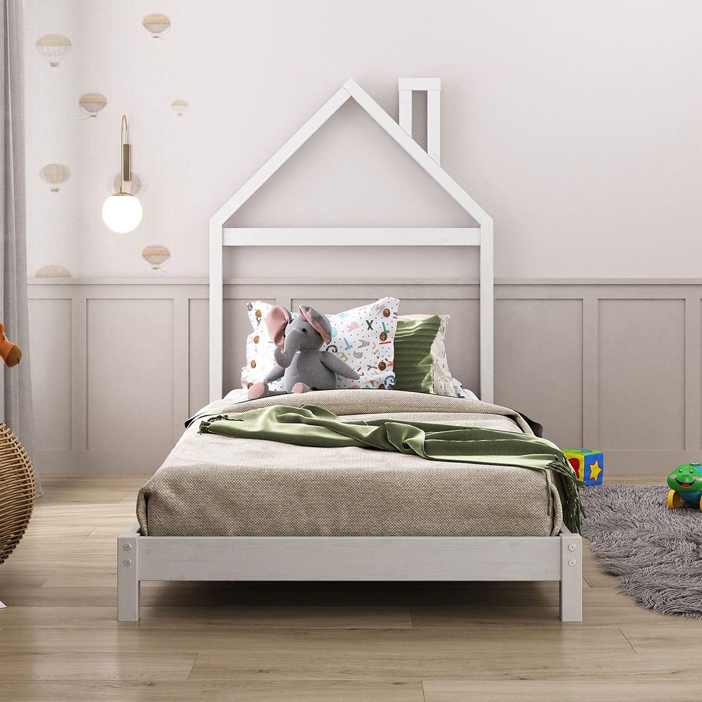 Kinderbett LIZ 90x200 cm in Hausoptik aus Massivholz weiß - Produktbild 