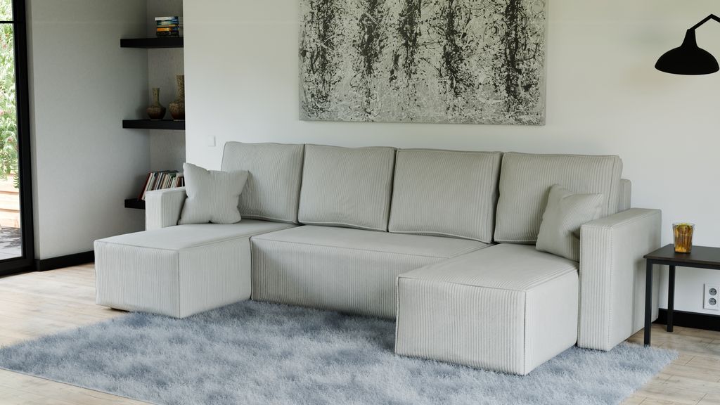 QLA Möbel Ecksofa Madrid mit Schlaffunktion, Sofa mit Bettkasten, Wohnzimmersofa, Couch, Soffa, Bettsofa. Farbe: Beige