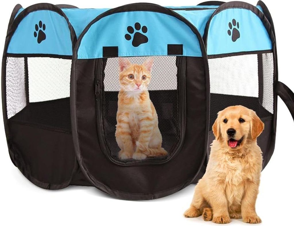 Faltbare Auslauf, für Haustiere, 74 x 74 x 43 cm, wasserdichter Katzenlaufstall für Hunde, Katzen, kleine Tiere, drinnen und draußen (blau)