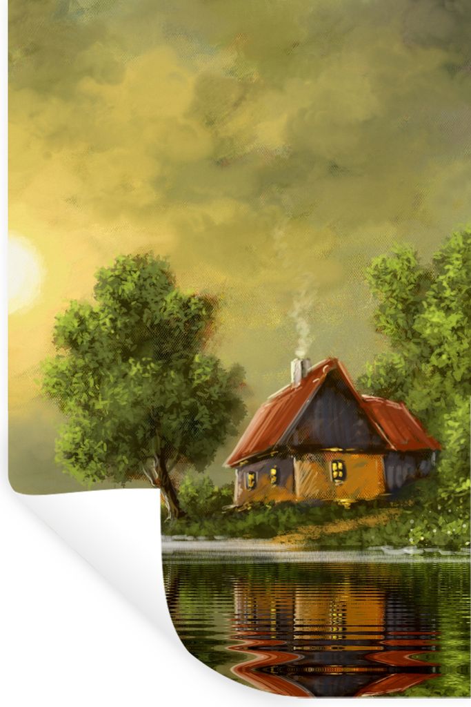 MuchoWow Wandtattoo Wandsticker Wandaufkleber Gemälde - Ölfarbe - Haus - Natur - Wasser 40x60 cm Selbstklebend und Repositionierbar - Wierderve...